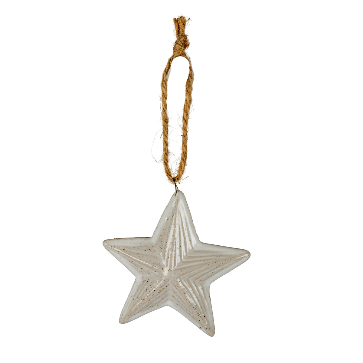 Glossy off-white five-point star ornament with fine dark speckles and nested raised ridges, hanging from a coarse tan loop against a white background.