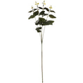 Full view of the Newleaf artificial eucalyptus spray, with a long brown-green stem, dark oval leaves and pale rounded leaves at the upright branch tips.