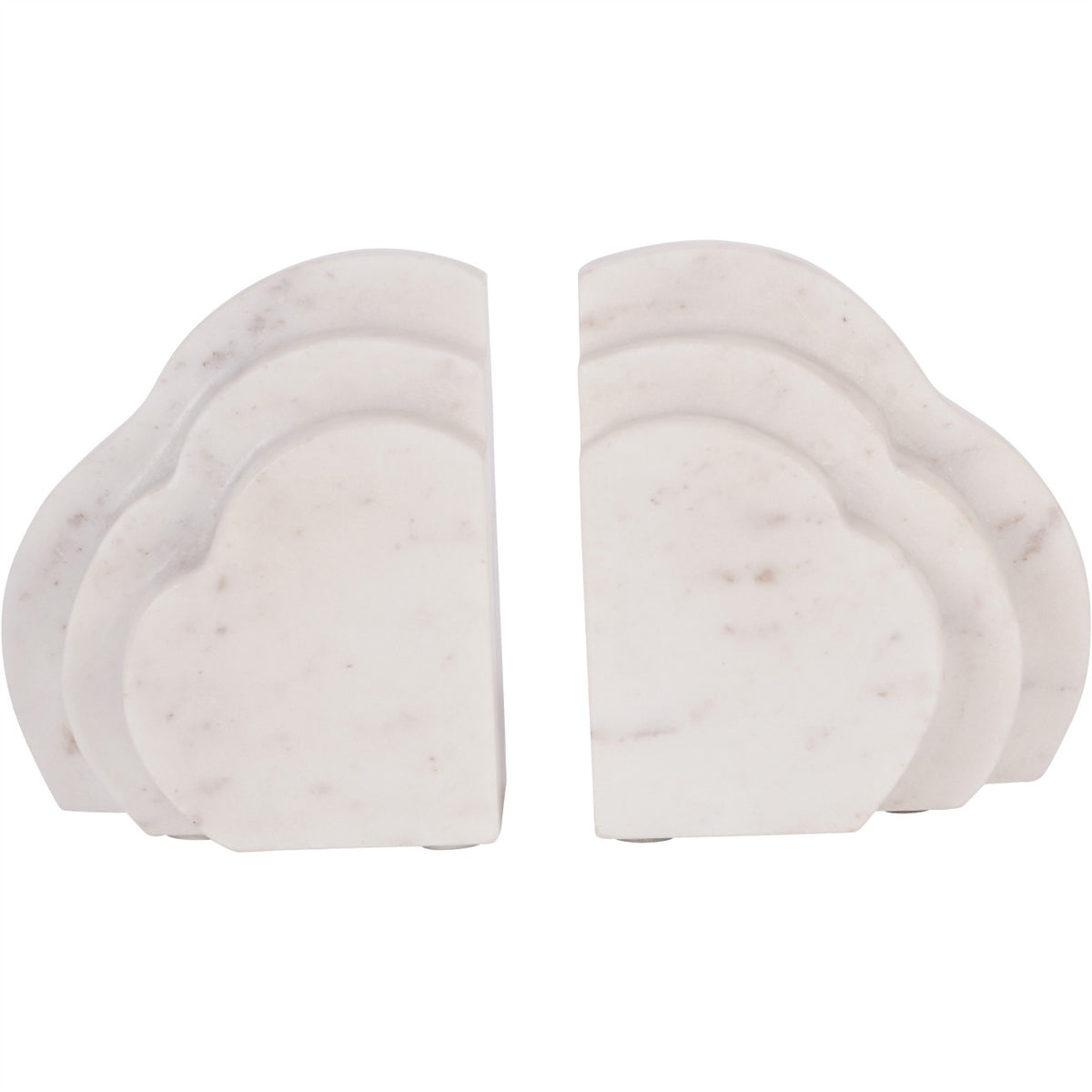 Front view of mirrored white marble bookends with rounded cloud contours and straight inner edges.
