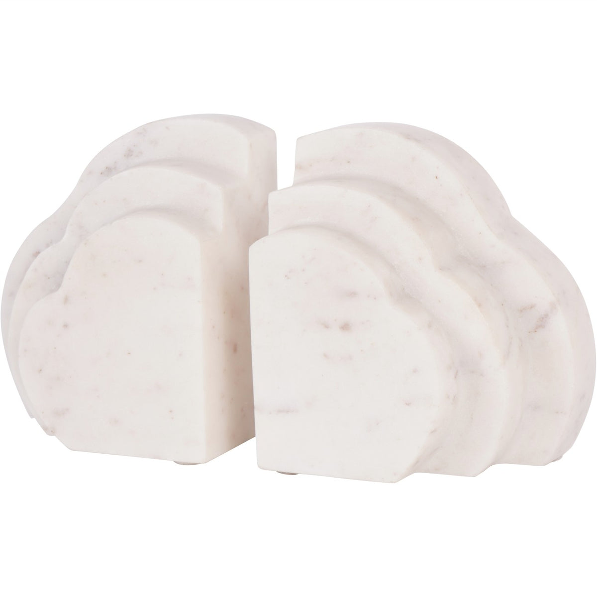Two white marble cloud bookends viewed at an angle, showing three stepped arcs and faint stone markings.