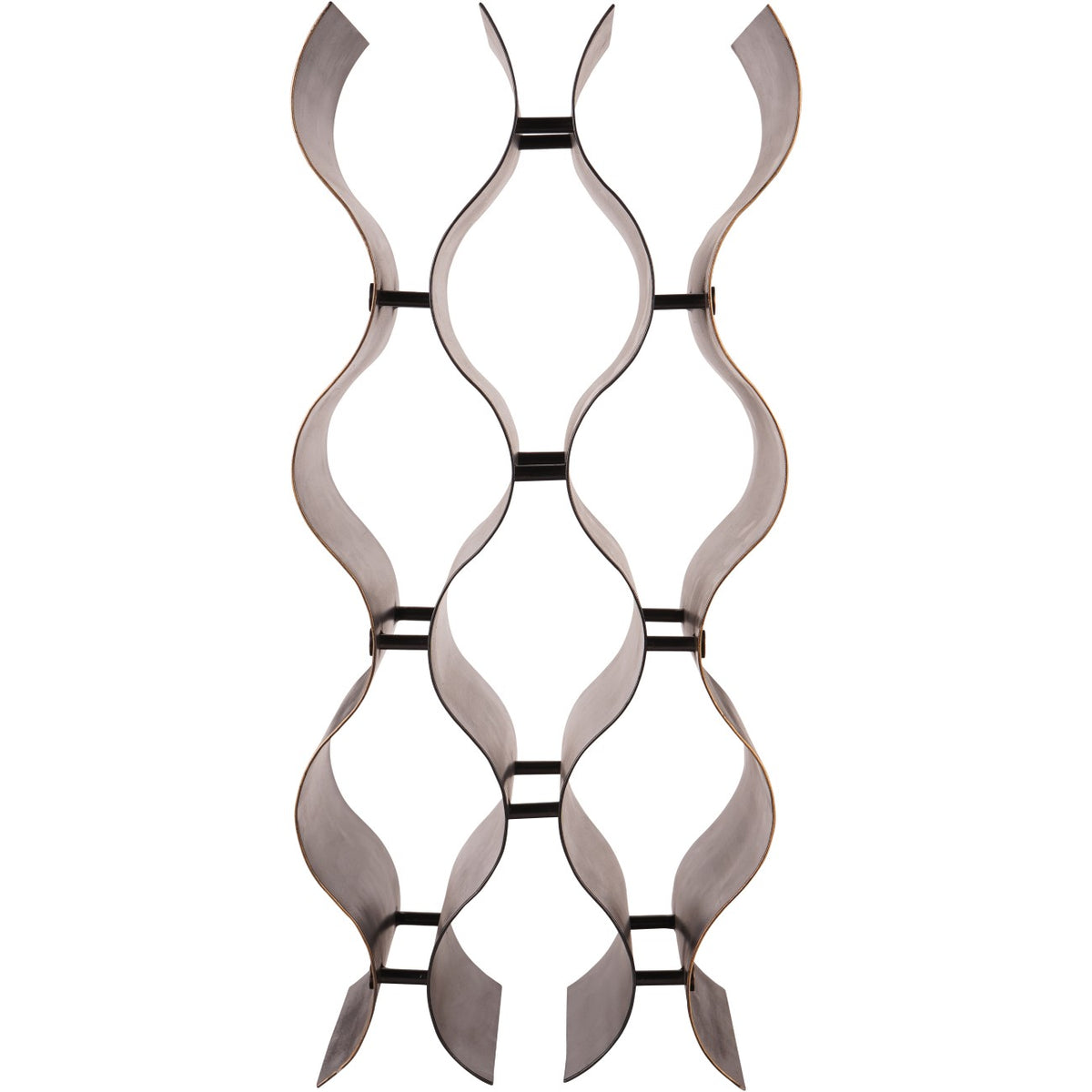 Front view of the upright wine rack with nine open bottle cradles and connecting cross rods.