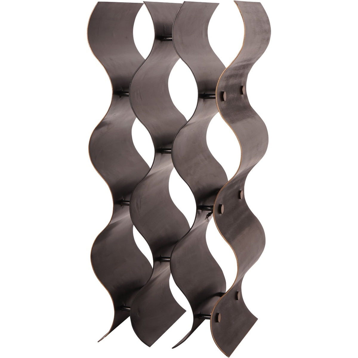 Angled view of the dark bronze wine rack, showing flowing iron cradles and lighter edges.