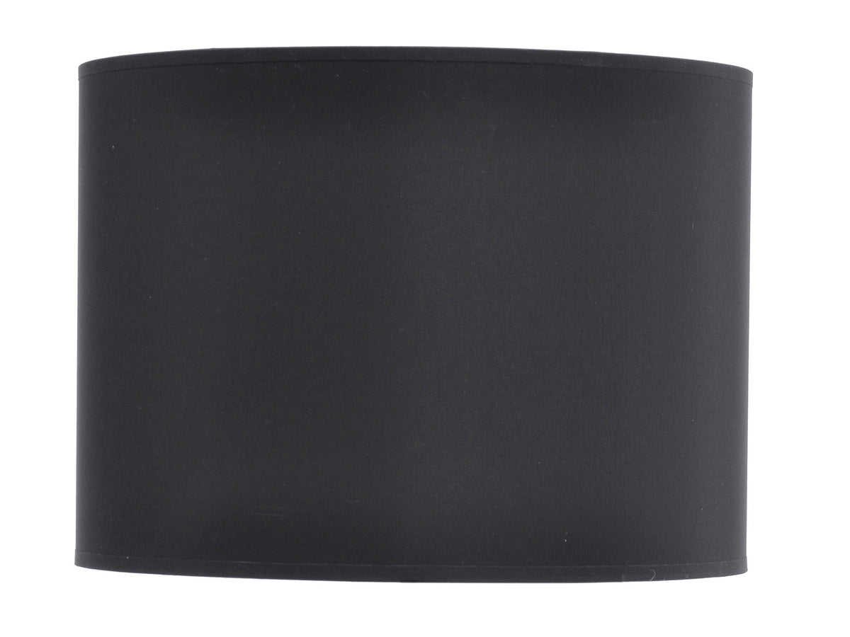 Black straight-sided drum lampshade with a matte surface and narrow rim bands, shown against white.
