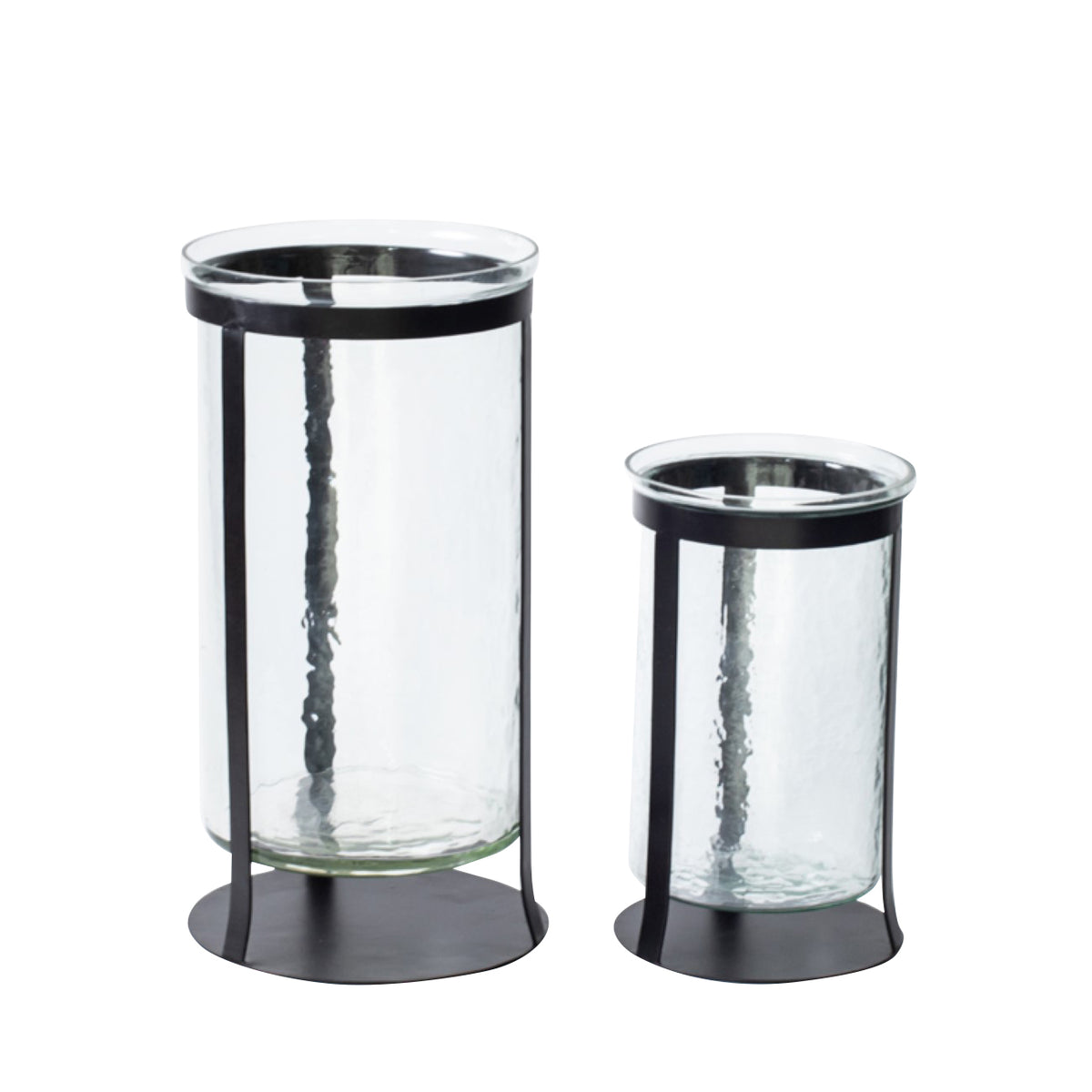 Two matching hurricane candle holders shown side by side, with the small size on the right and a taller version on the left.