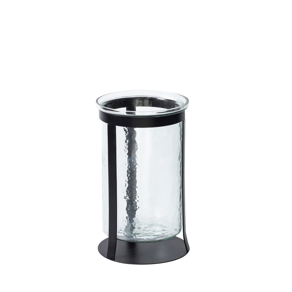 Small Nocturne Hurricane candle holder with a hammered clear glass cylinder, thick rim and black frame on a circular foot.