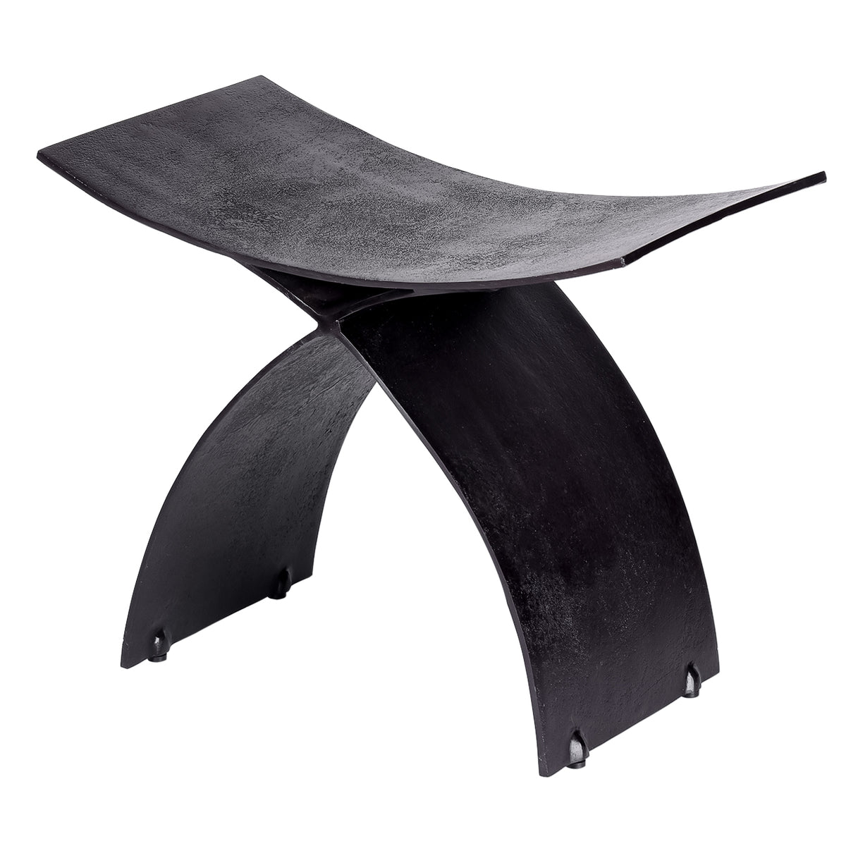 Three-quarter view of the stool showing the wide textured seat and broad, overlapping crescent supports.