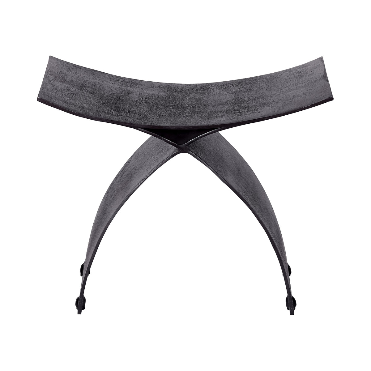 Front view of the black Noir Crescent Stool with a dipped seat and curved supports crossing in a narrow X.