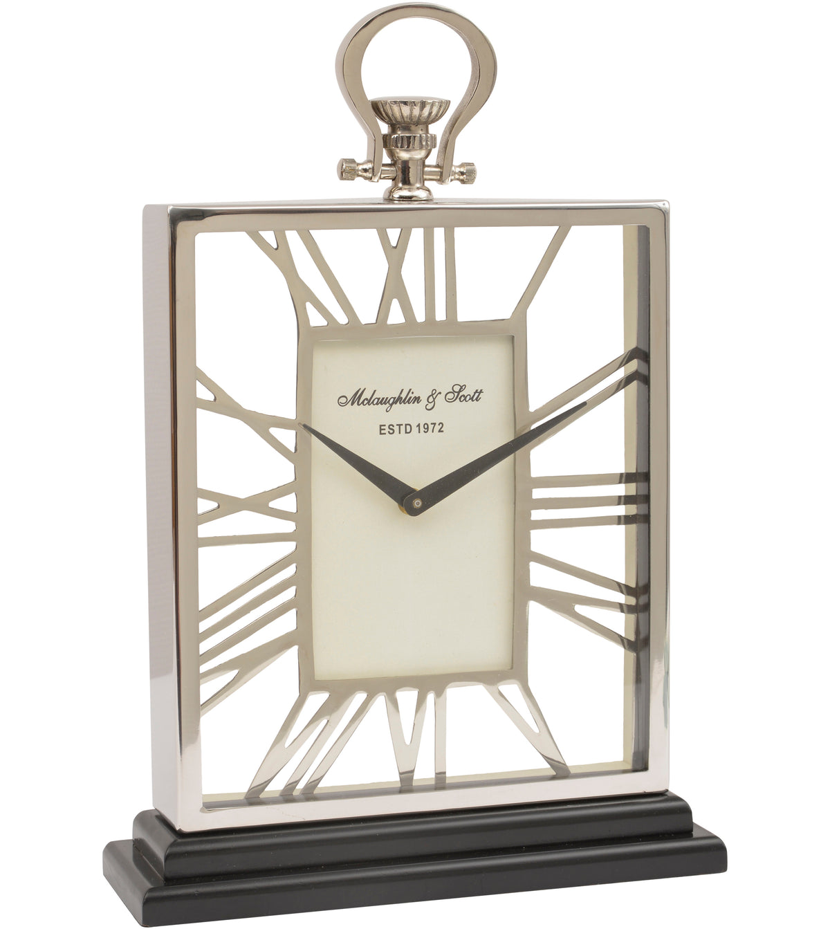 Noon Mantel Clock on a white background, showing its silver rectangular frame, open Roman numerals, cream dial, loop finial and stepped black base.