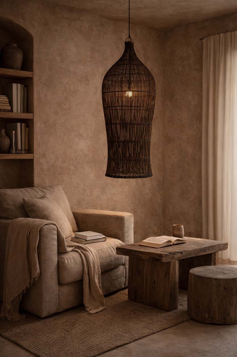 Oasis Tower Bamboo Pendant Light – Dark Walnut, Extra Large – styled in a warm lounge