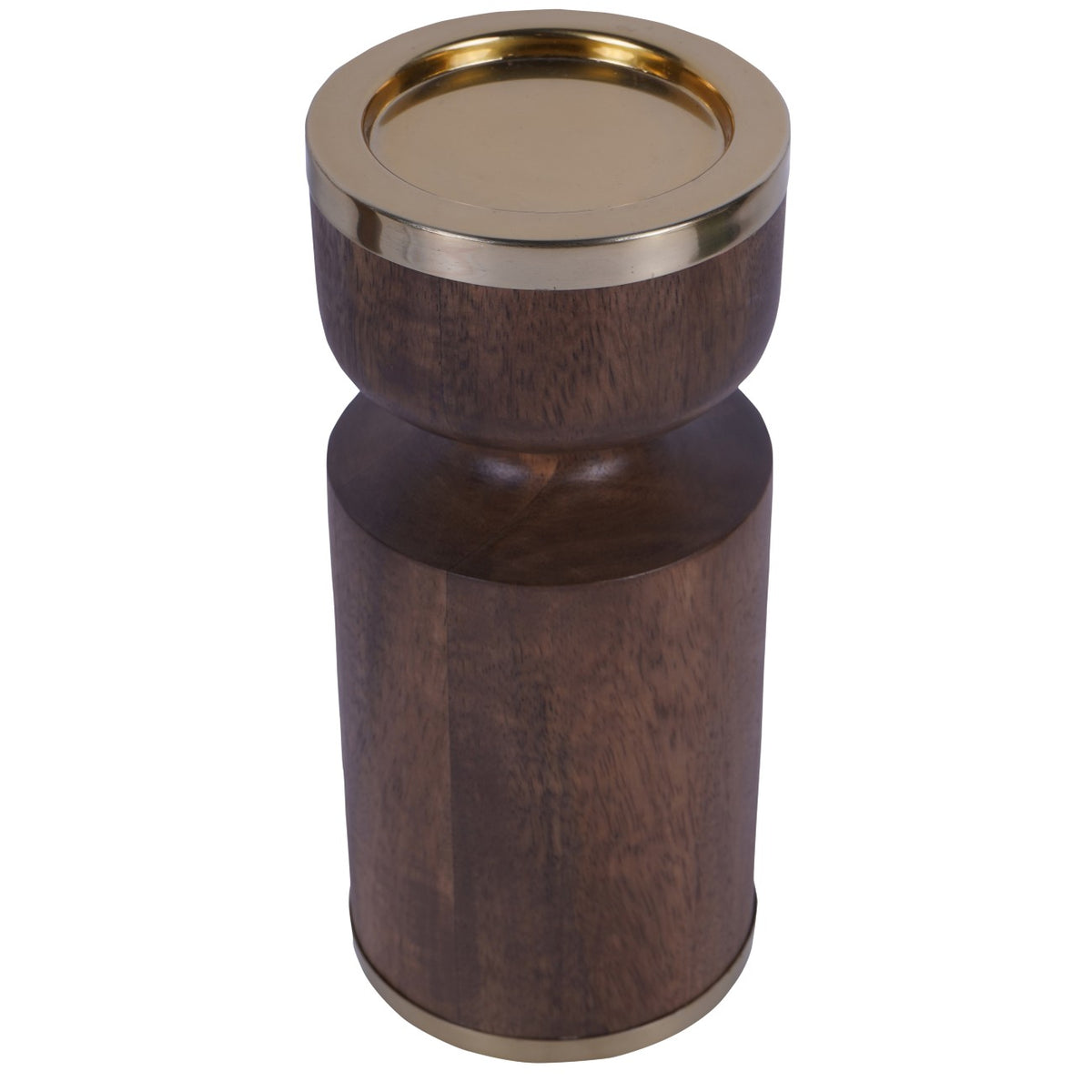 Angled view from above showing the recessed circular candle platform and grain of the brown wooden body.