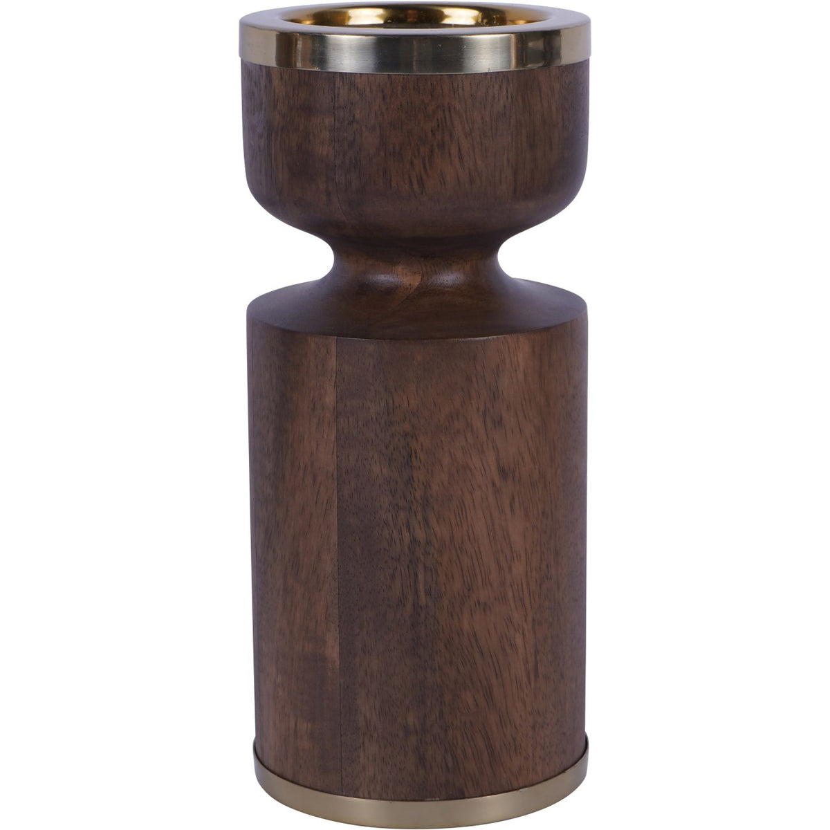 Front view of the brown wooden candleholder with a narrow waist, rounded top and gold-toned bands.