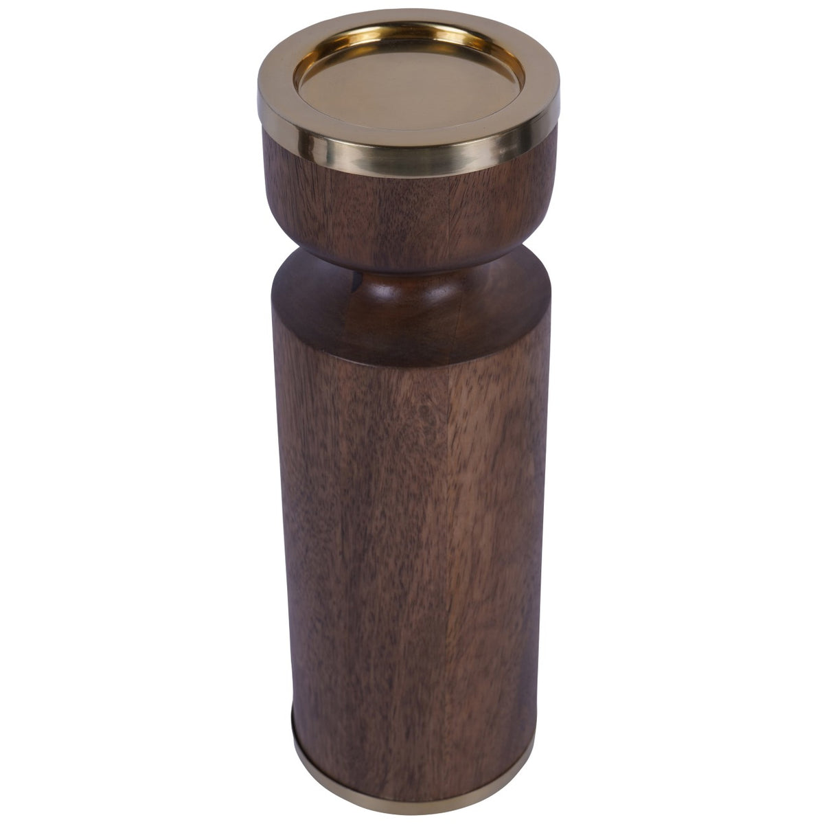 Obelisk candleholder viewed from above at an angle, showing the recessed circular candle plate and wood grain.