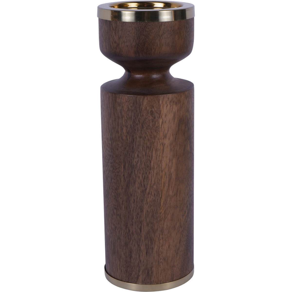 Obelisk candleholder with a tall brown wooden body, rounded cup and gold-toned rings at the top and base.