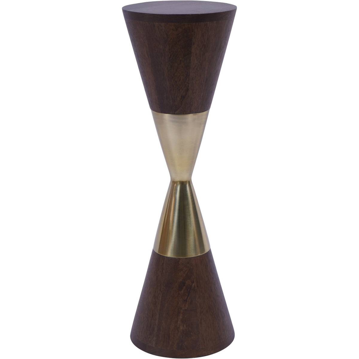 Front view of the Obelisk Cocktail Table, with dark wooden ends and two gold-toned cones forming an hourglass centre.
