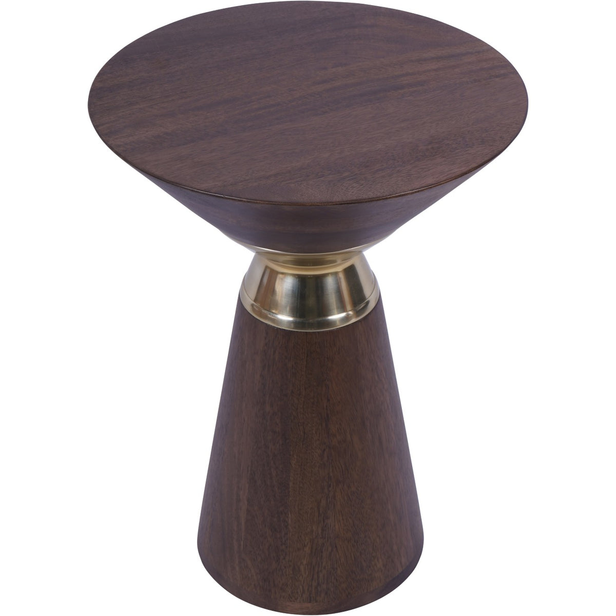 Obelisk side table viewed from above at an angle, showing the flat round top and visible wood grain.