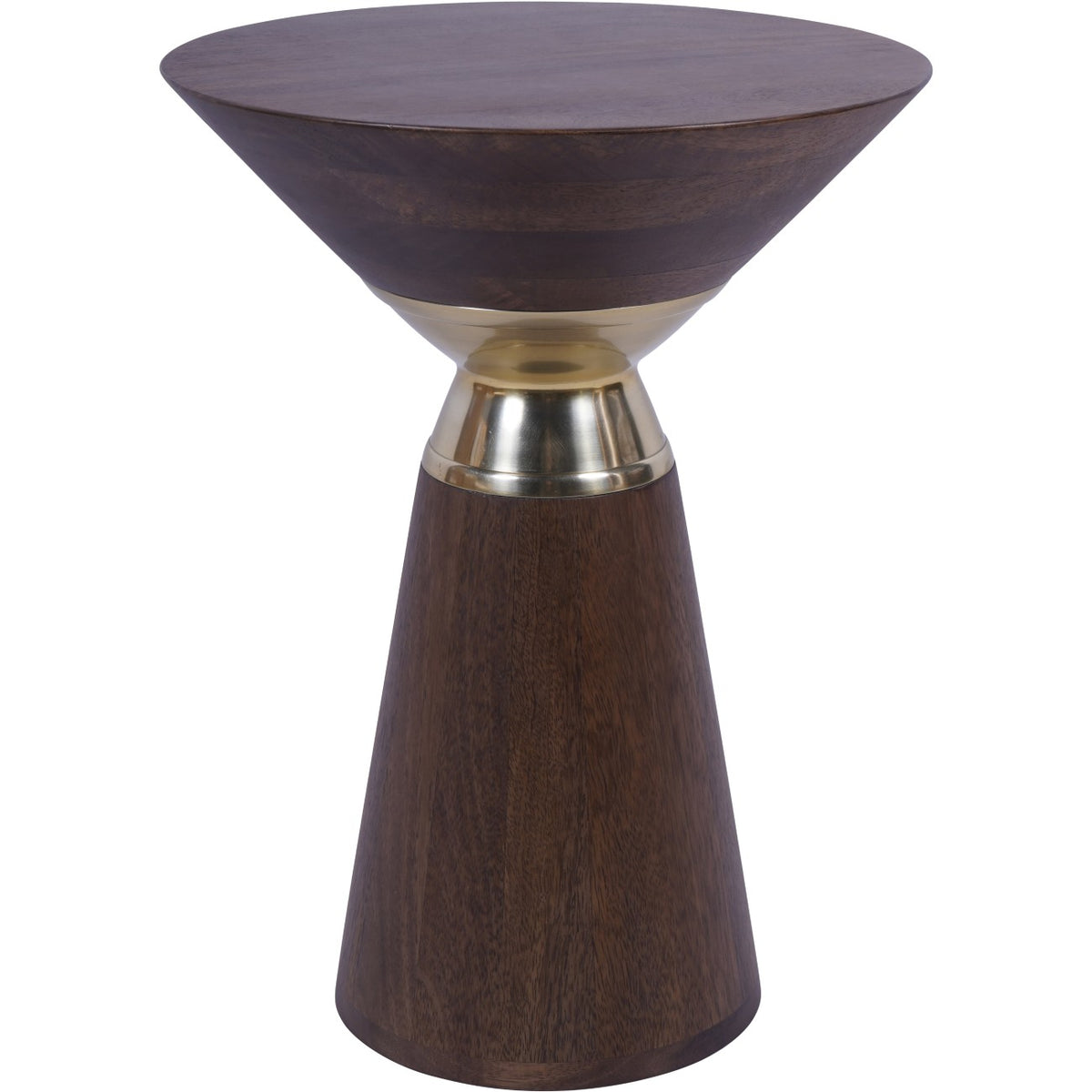 Obelisk side table with a broad circular top, dark wooden conical sections and a reflective brass-toned centre.