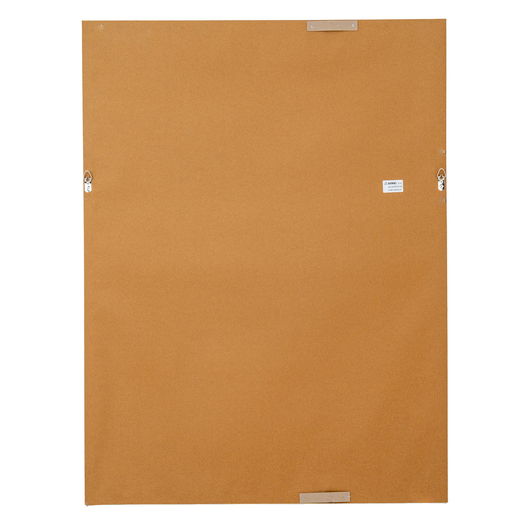Rear view of the artwork showing a plain brown back, two visible hanging loops and a small warning label.