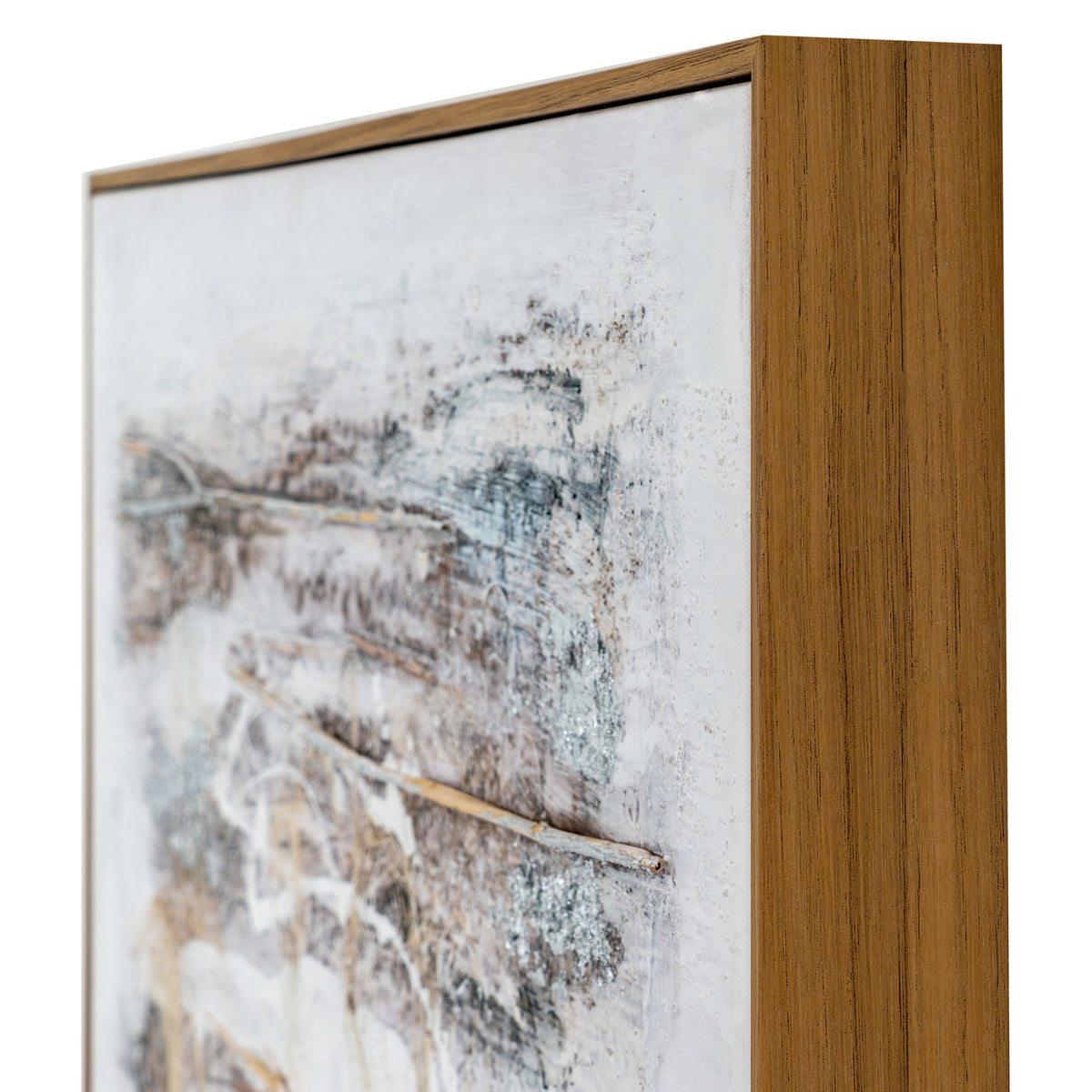 Angled close-up of the artwork's upper corner, showing the warm-toned frame profile and fine ochre lines across the pale surface.