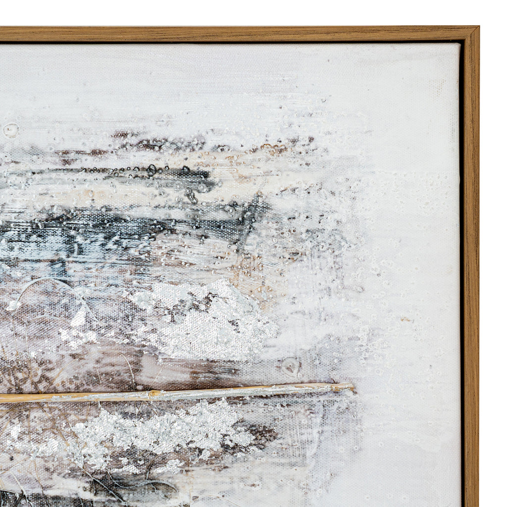 Close-up of the artwork's upper right section with white and grey marks, silvery-looking flecks and the frame along the top and side.