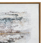 Close-up of the artwork's upper right section with white and grey marks, silvery-looking flecks and the frame along the top and side.