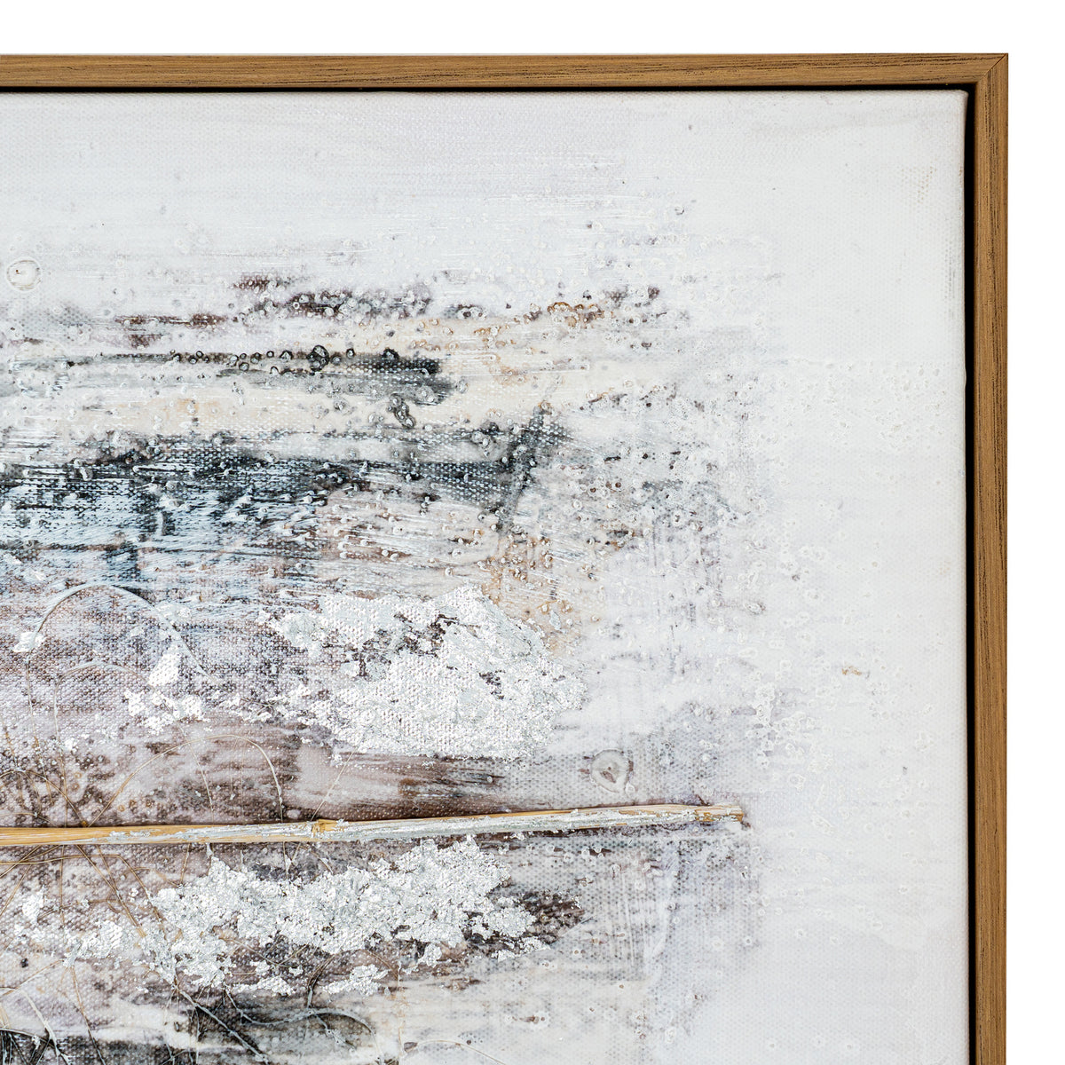 Close-up of the artwork's upper right section with white and grey marks, silvery-looking flecks and the frame along the top and side.