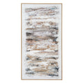 Front view of the portrait abstract artwork with layered white, grey, brown and ochre bands inside a slim warm-toned frame.