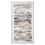 Front view of the portrait abstract artwork with layered white, grey, brown and ochre bands inside a slim warm-toned frame.