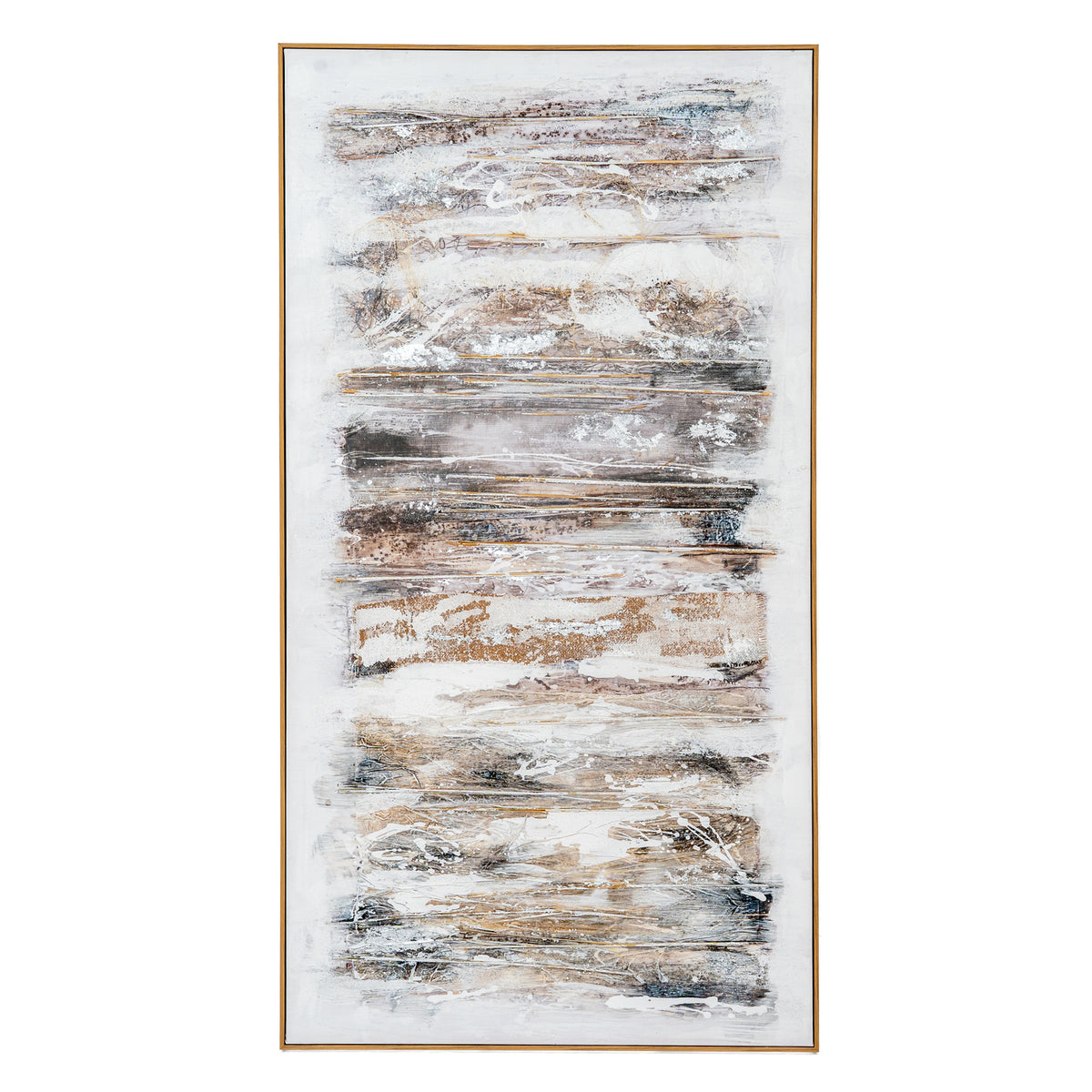 Front view of the portrait abstract artwork with layered white, grey, brown and ochre bands inside a slim warm-toned frame.