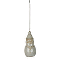 Front view of a glossy off-white Santa hanging decoration with an ochre-edged hat, relief beard, two coat buttons and a long silver-coloured cord against white.