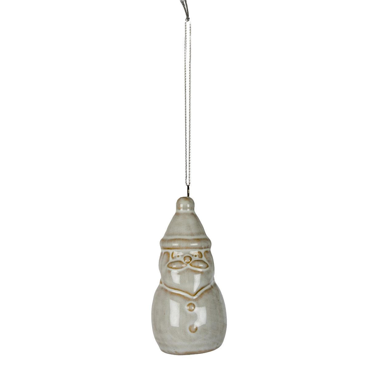 Front view of a glossy off-white Santa hanging decoration with an ochre-edged hat, relief beard, two coat buttons and a long silver-coloured cord against white.