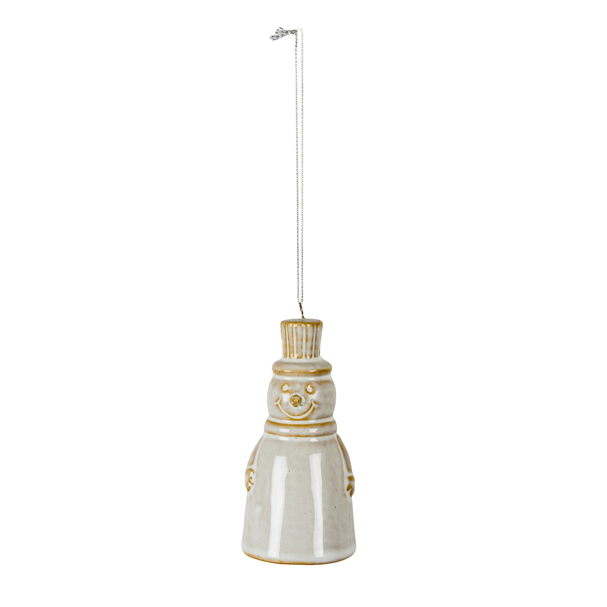 Front view of an off-white snowman ornament with ochre details, a ribbed top hat, raised smiling face and a long silver-coloured hanging cord against a white background.