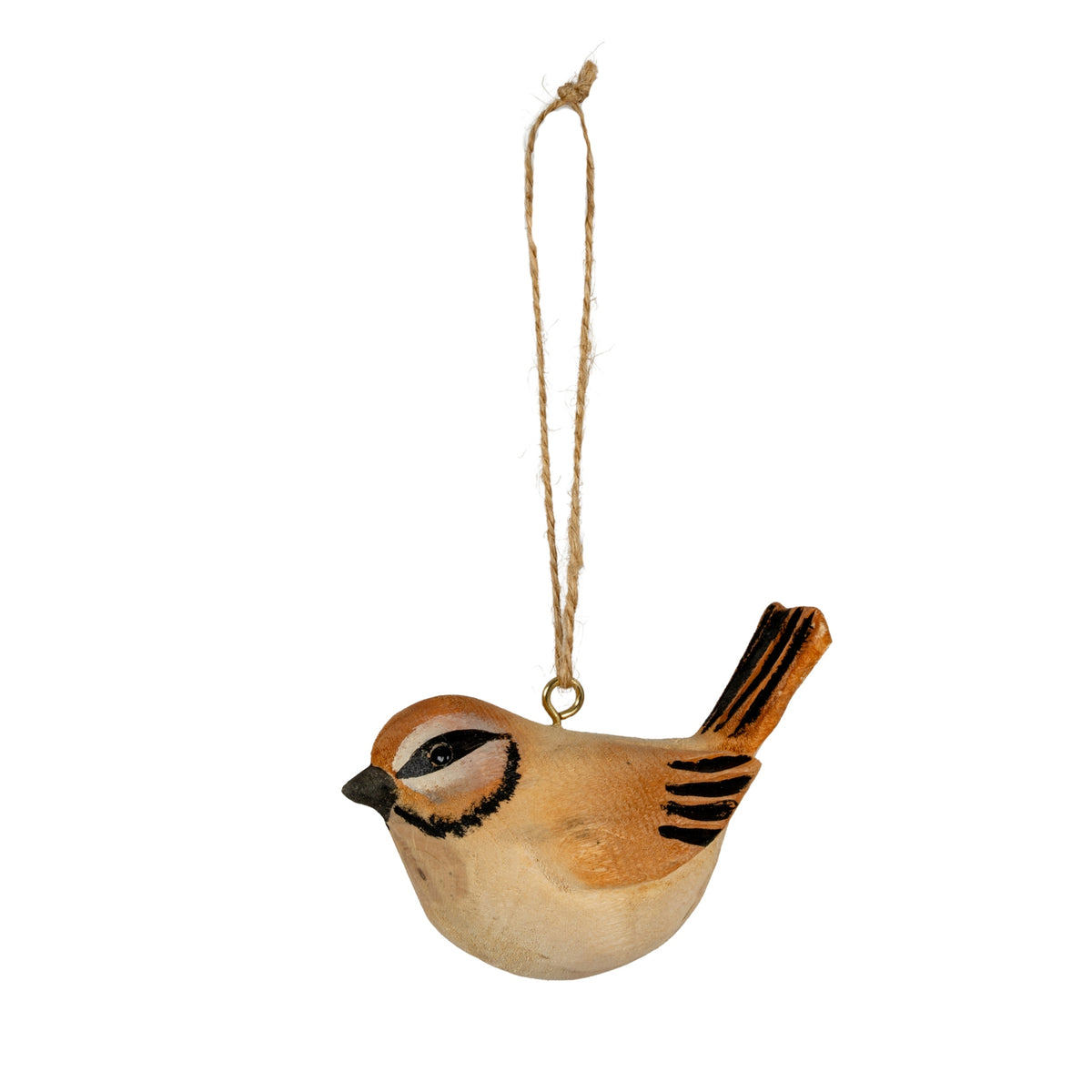 Ochre and cream bird hanging decoration facing left, with black markings, a raised split tail and a long knotted cord loop on a white background.