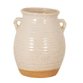 Cream speckled planter with a rounded, lightly ridged body, two short curved handles, an open flared rim and an ochre band around the base.