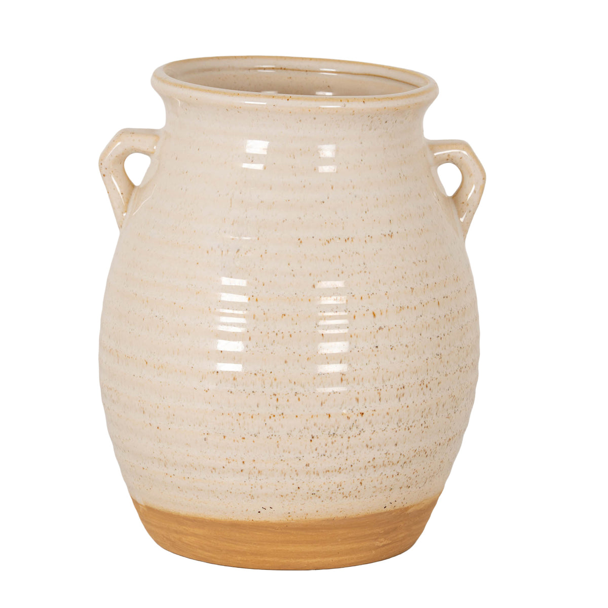 Cream speckled planter with a rounded, lightly ridged body, two short curved handles, an open flared rim and an ochre band around the base.