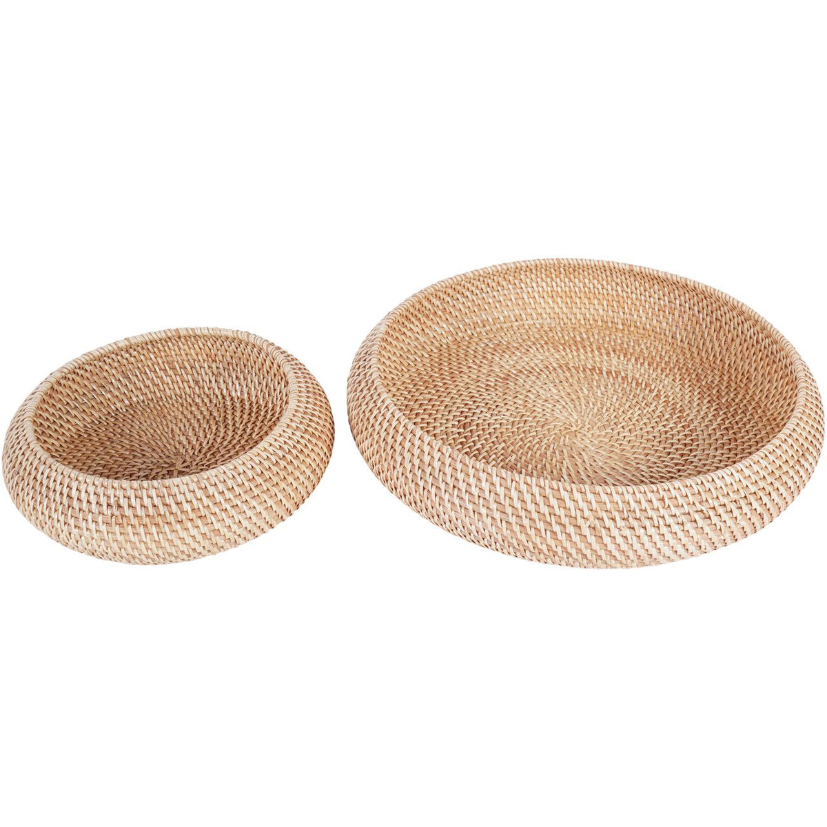 Two pale honey-tan woven baskets side by side, with the smaller on the left and both shallow interiors visible.