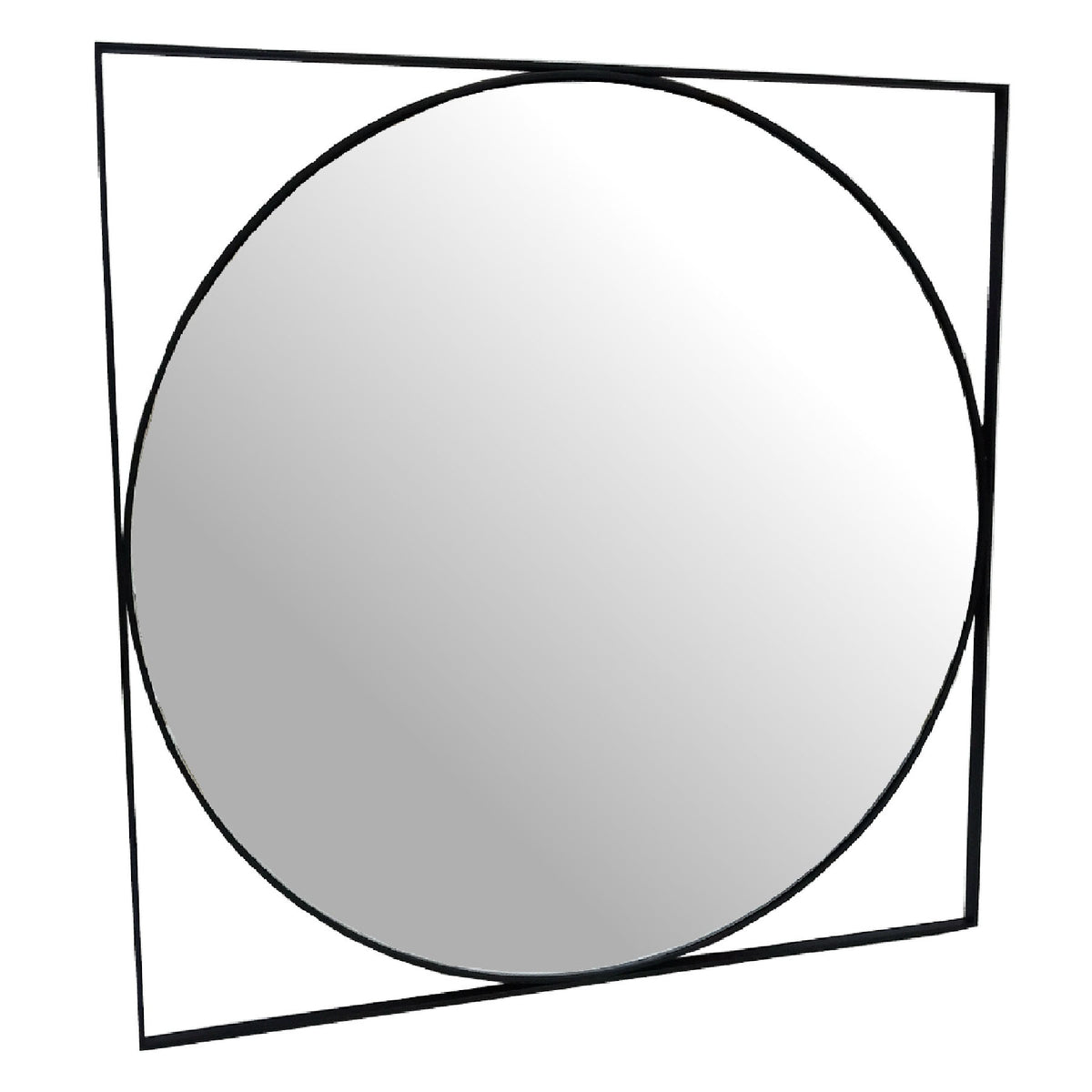 Oculus wall mirror shown at a slight angle, with circular glass inside a slim black square frame and open corners.