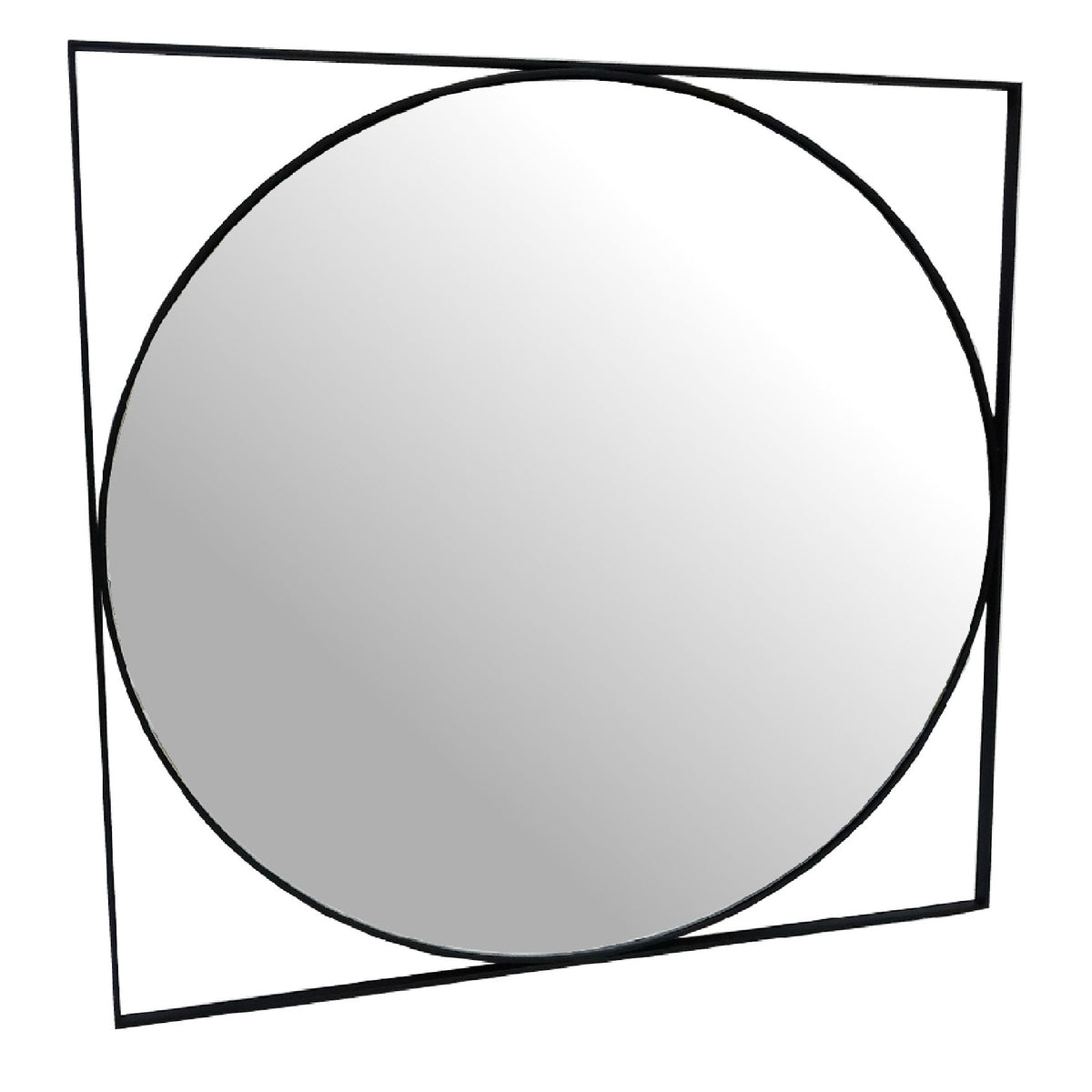 Oculus wall mirror shown at a slight angle, with circular glass inside a slim black square frame and open corners.