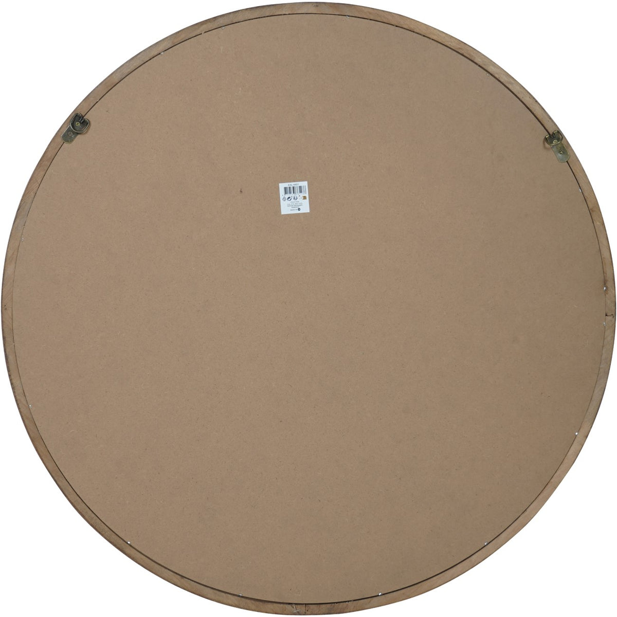 Rear view of the round mirror showing a brown backing panel and two metal hanging brackets near the upper edge.