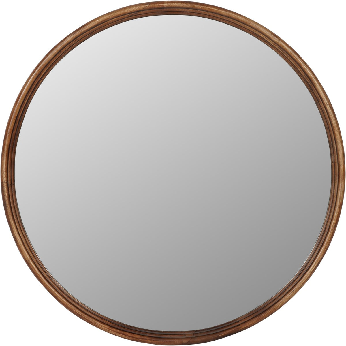 Front view of the circular Oculus mirror with a narrow brown wooden frame and concentric grooves.