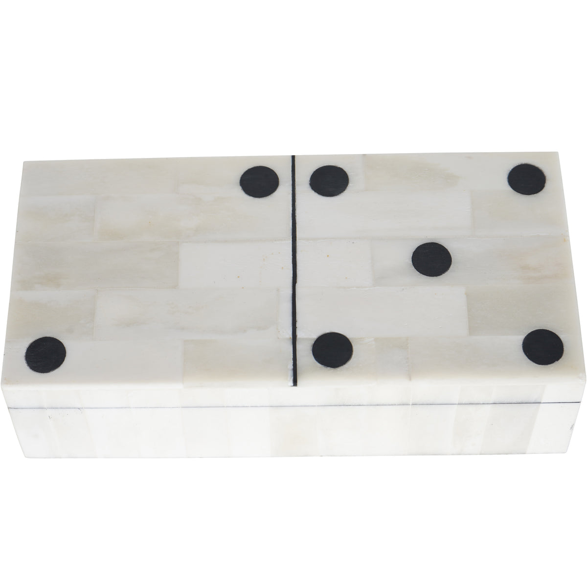 Closed off-white domino box viewed from the front and above, with black dots and a dividing line across the lid.