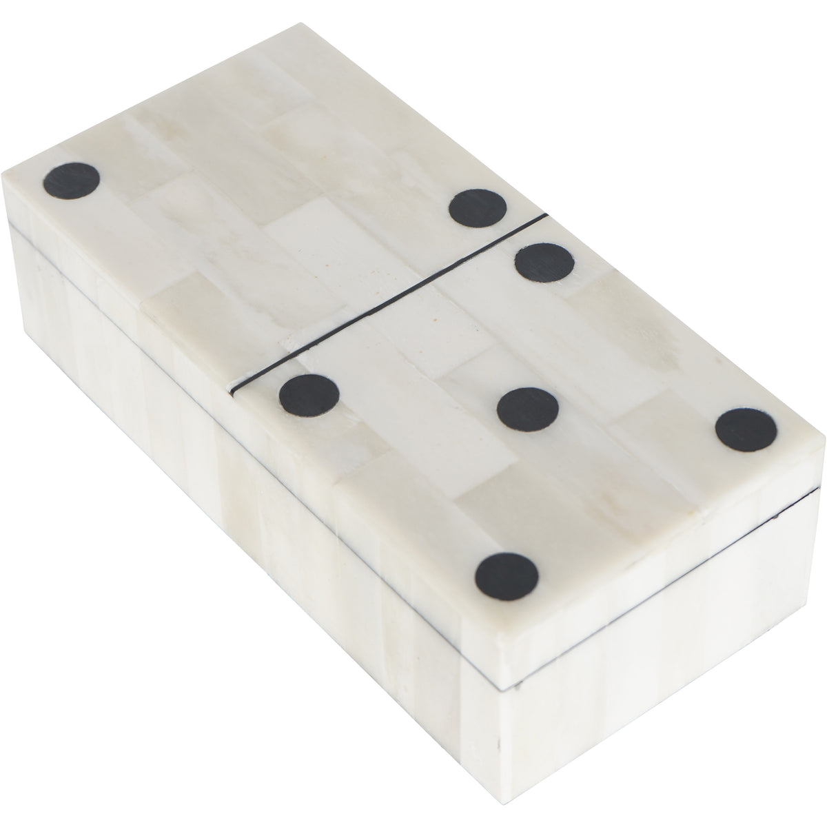 Angled view of the closed domino box showing pale inlay sections across the lid and sides.