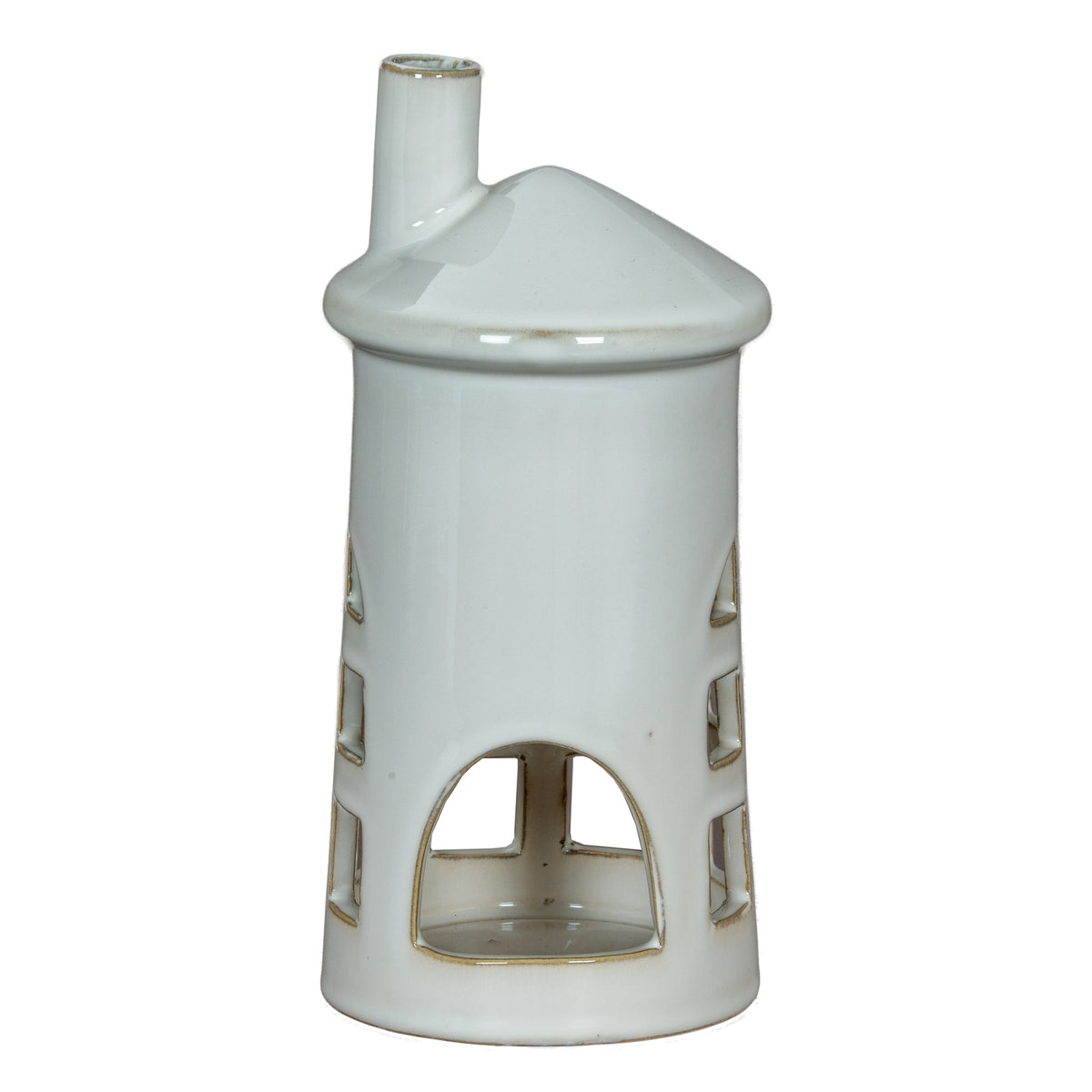 Rear view of the white lighthouse holder showing the large arched opening and hollow interior, with windows visible along either side.