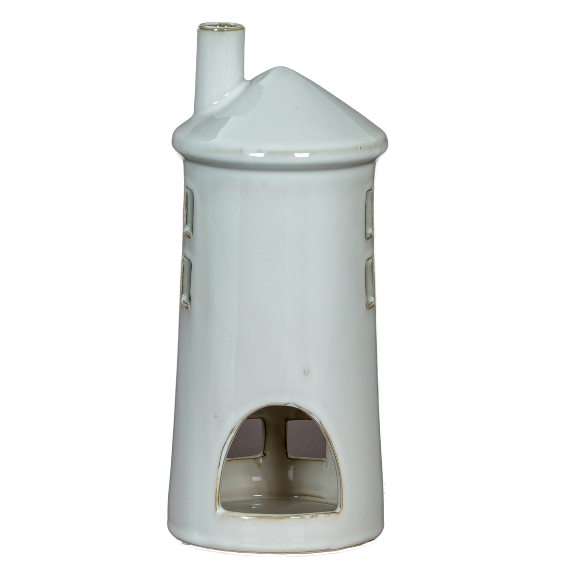 Rear view of the white lighthouse holder showing a large arched opening into the hollow tower and brown edging along the base.