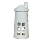 Front view of a white lighthouse tea light holder with rows of square windows, a conical roof and an offset chimney.