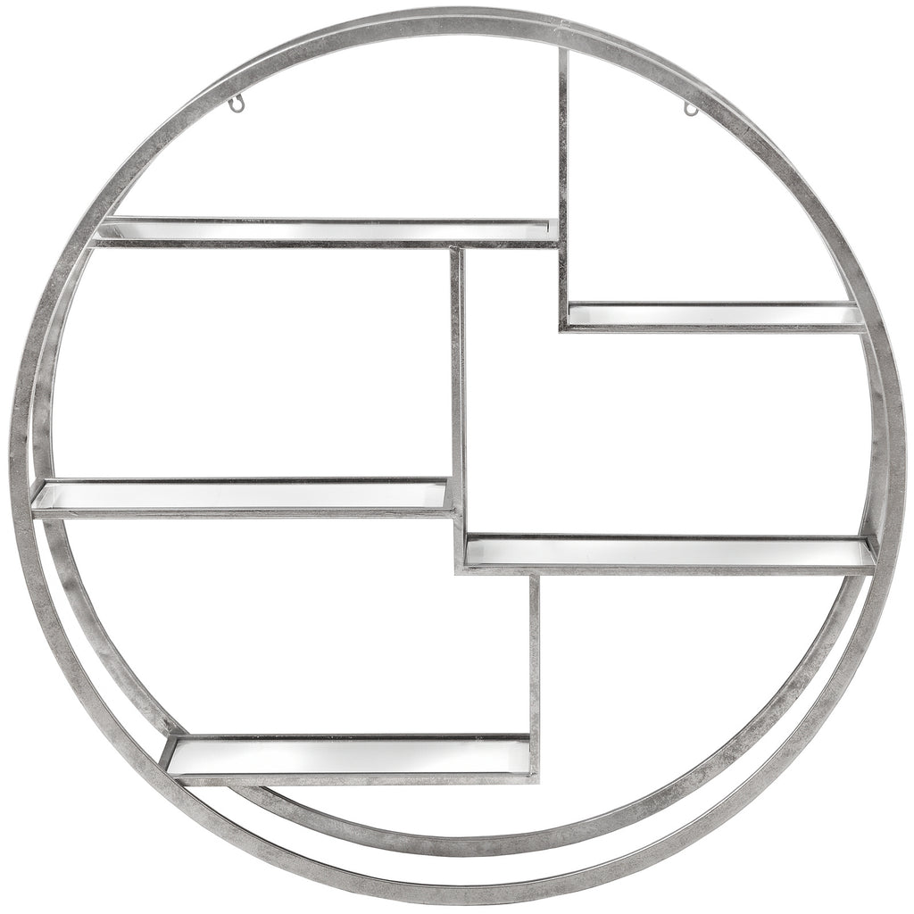 Front view of the circular silver-toned wall shelf unit with five offset mirrored shelves and two upper hanging loops.