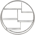 Front view of the circular silver-toned wall shelf unit with five offset mirrored shelves and two upper hanging loops.