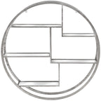 Front view of the circular silver-toned wall shelf unit with five offset mirrored shelves and two upper hanging loops.