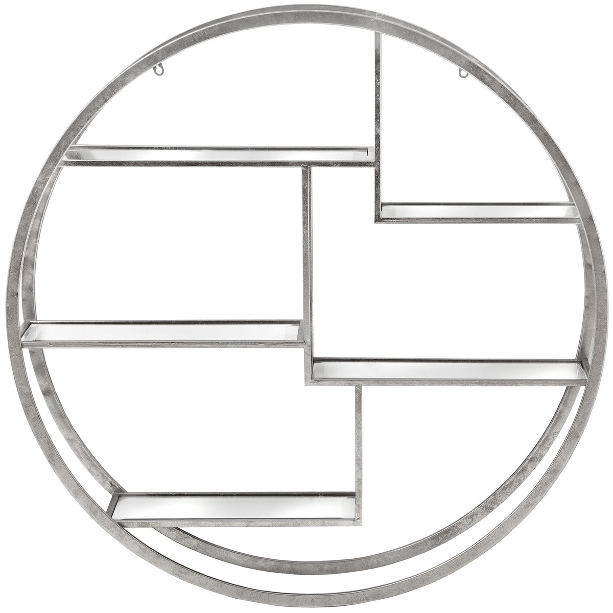 Front view of the circular silver-toned wall shelf unit with five offset mirrored shelves and two upper hanging loops.