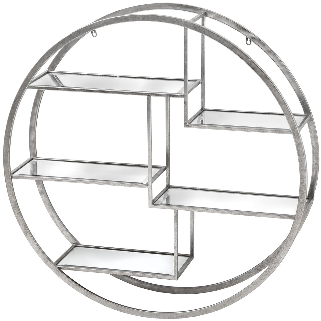 Angled view showing the wall shelf unit's double-ring frame, rectangular mirrored shelf surfaces and mottled silver-toned finish.
