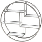 Angled view showing the wall shelf unit's double-ring frame, rectangular mirrored shelf surfaces and mottled silver-toned finish.
